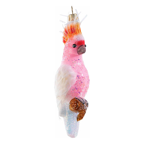 Pink cockatoo, blown glass ornament for Christmas tree, 5 in 5