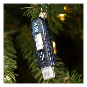 USB stick blown glass Christmas tree ornament, height 8 cm