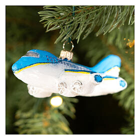 Blown glass airplane Christmas tree ornament, height 10 cm