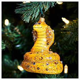 Yellow cobra, Christmas tree decoration of blown glass, h 3 in