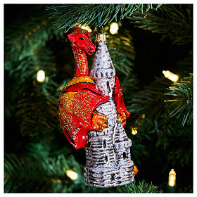 Christmas tree decoration: castle and dragon, blown glass, h 5.5 in