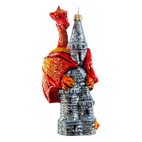 Décoration sapin Noël château et dragon verre soufflé h 14 cm