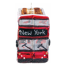 Christmas tree decoration: NYC city tour bus, blown glass, h 4 in