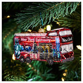 Christmas tree decoration: NYC city tour bus, blown glass, h 4 in