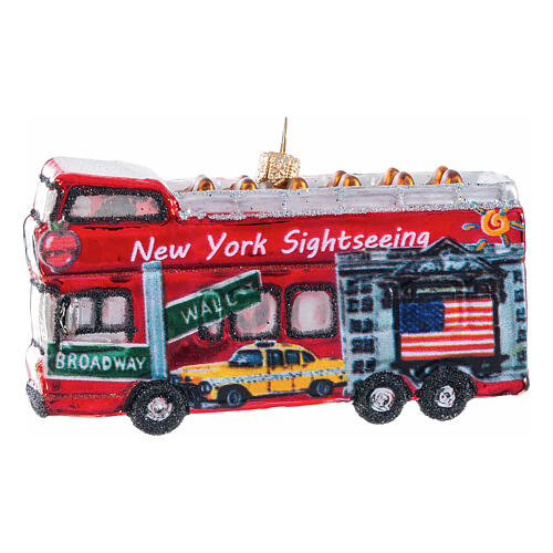 Christmas tree decoration: NYC city tour bus, blown glass, h 4 in 3