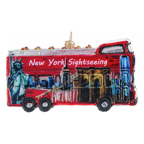 Christmas tree decoration: NYC city tour bus, blown glass, h 4 in 4