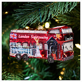 Christmas tree decoration: London city tour bus, blown glass, h 4 in