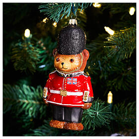 Christmas tree decoration: Teddy Bear as London gard, blown glass, h 5 in