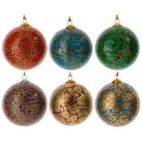 Luxury box of papier-mâché Christmas balls, floral set of 6, 3 in