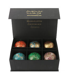 Luxury box of papier-mâché Christmas balls, floral set of 6, 3 in