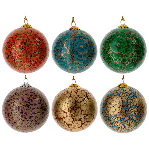 Luxury box of papier-mâché Christmas balls, floral set of 6, 3 in 1