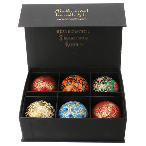 Luxury box of papier-mâché Christmas balls, Autumnal set of 6, 3 in 2