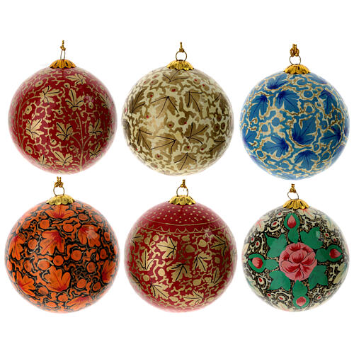 Luxury autumnal Christmas balls box 6 pcs paper mache 80 mm 1