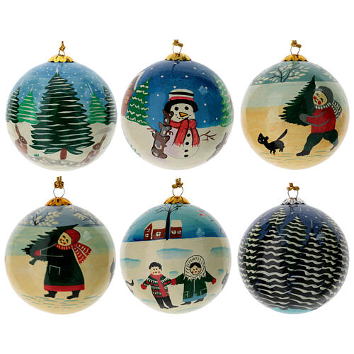 Luxury box "Snowy Christmas" of papier-mâché Christmas balls, set of 6, 3 in 1