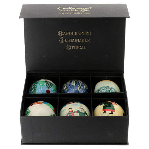 Luxury box "Snowy Christmas" of papier-mâché Christmas balls, set of 6, 3 in 2