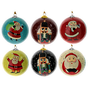 Luxury box of papier-mâché Christmas balls, set of 6, 3 in, Santa and Nutcrackers