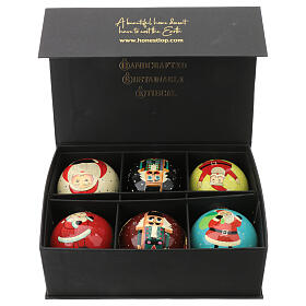 Luxury box of papier-mâché Christmas balls, set of 6, 3 in, Santa and Nutcrackers