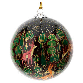 Black Christmas tree ball with animals, papier-mâché, 3 in