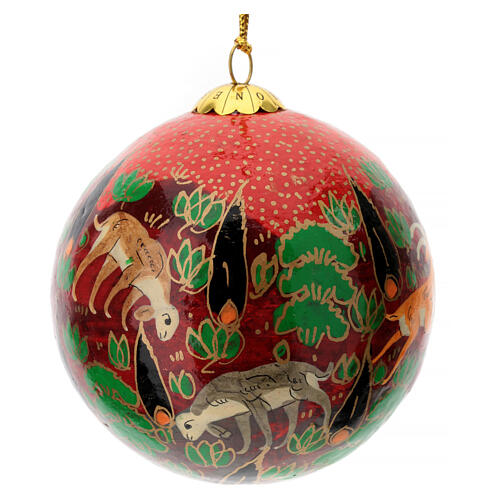 Christmas tree ball with animals, red papier-mâché, 3 in 1