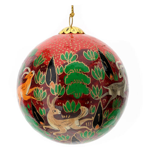 Christmas tree ball with animals, red papier-mâché, 3 in 2