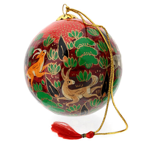 Christmas tree ball with animals, red papier-mâché, 3 in 3