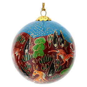 Christmas tree ball, animals on light blue background, papier-mâché, 3 in