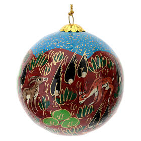 Christmas tree ball, animals on light blue background, papier-mâché, 3 in