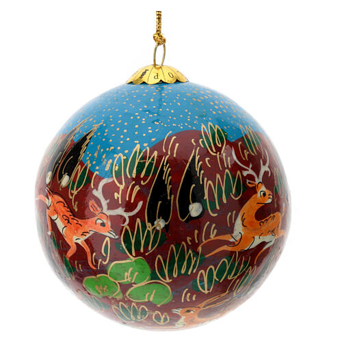 Christmas tree ball, animals on light blue background, papier-mâché, 3 in 3