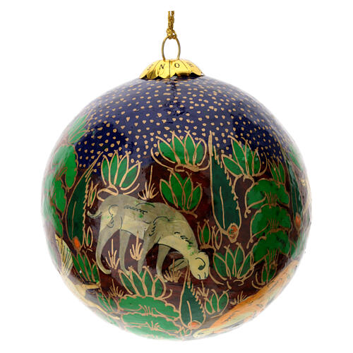 Papier-mâché Christmas tree ball, animals on dark blue background, 3 in 2