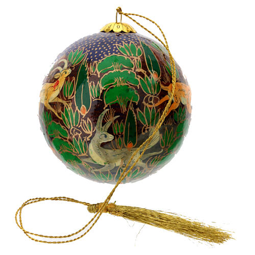 Papier-mâché Christmas tree ball, animals on dark blue background, 3 in 3