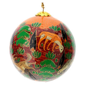 Orange Christmas tree ball with animals, papier-mâché, 3 in