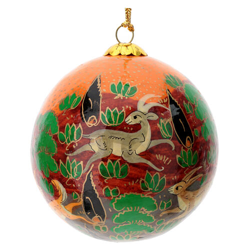 Orange Christmas tree ball with animals, papier-mâché, 3 in 3