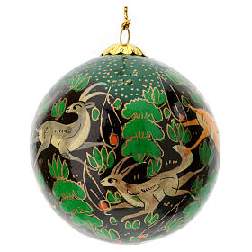 Emerald green Christmas tree bauble with paper mache animals 80 mm