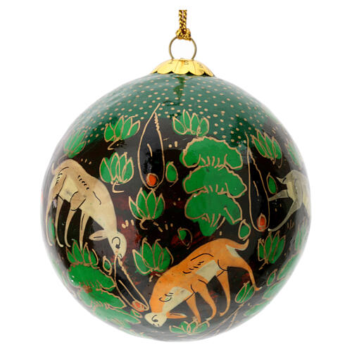 Emerald green Christmas tree bauble with paper mache animals 80 mm 2