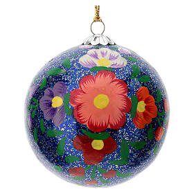 Dark blue Christmas ball Alizeh with glitter, floral pattern, papier-mâché, 3 in