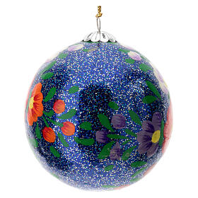 Dark blue Christmas ball Alizeh with glitter, floral pattern, papier-mâché, 3 in