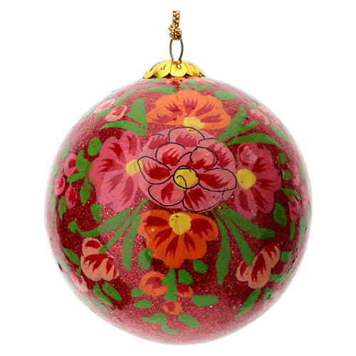 Glittery red Christmas ball Alizeh, floral pattern on papier-mâché, 3 in 1