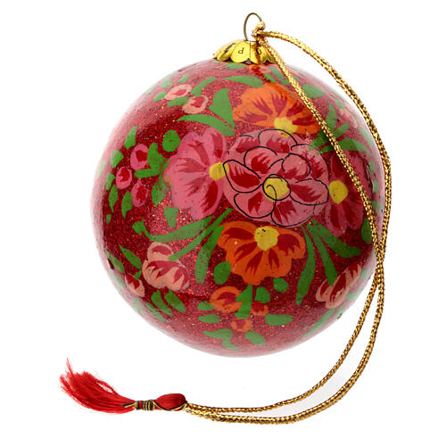 Glittery red Christmas ball Alizeh, floral pattern on papier-mâché, 3 in 3