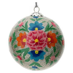 Christmas ball Alizeh, floral pattern on silver glitter, papier-mâché, 3 in