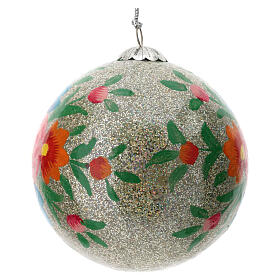 Christmas ball Alizeh, floral pattern on silver glitter, papier-mâché, 3 in