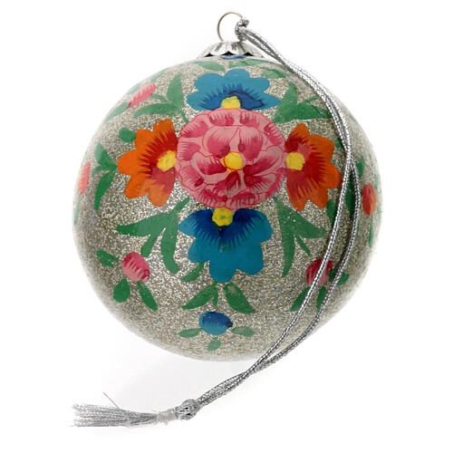 Christmas ball Alizeh, floral pattern on silver glitter, papier-mâché, 3 in 3