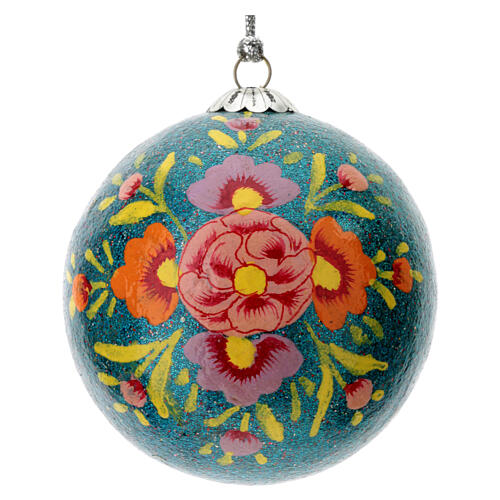 Alizeh Christmas ball, papier-mâché, turquoise glitter and floral pattern, 3 in 1