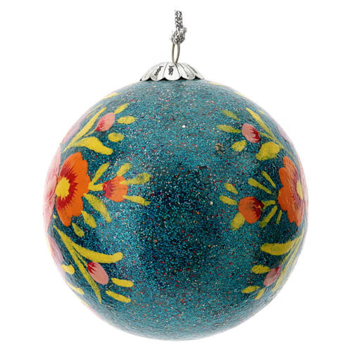 Alizeh Christmas ball, papier-mâché, turquoise glitter and floral pattern, 3 in 2