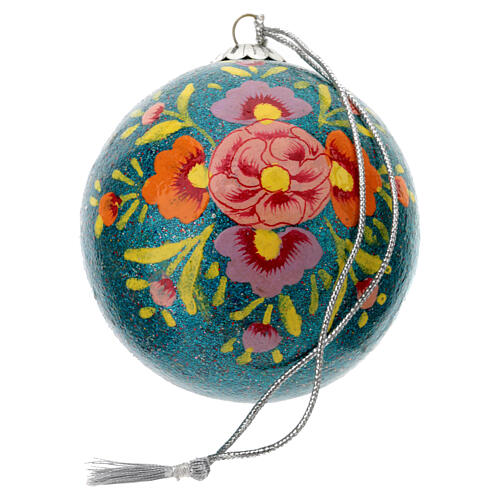 Alizeh Christmas ball, papier-mâché, turquoise glitter and floral pattern, 3 in 3