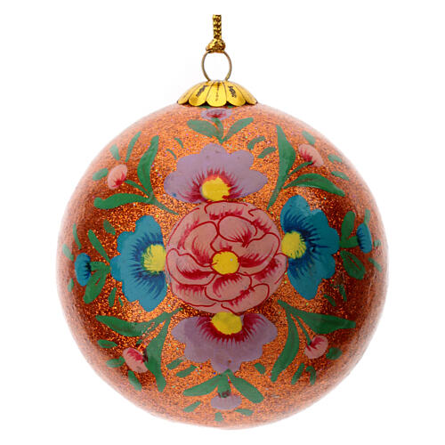 Orange Christmas ball Alizeh, floral pattern on glitter, papier-mâché, 3 in 1