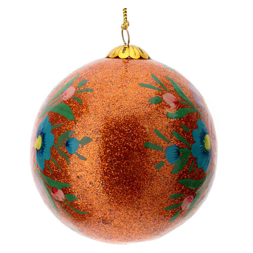 Orange Christmas ball Alizeh, floral pattern on glitter, papier-mâché, 3 in 2