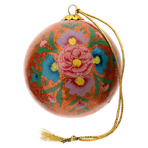 Orange Christmas ball Alizeh, floral pattern on glitter, papier-mâché, 3 in 3