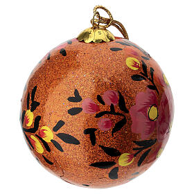 Orange glittery paper mache Christmas bauble 80 mm