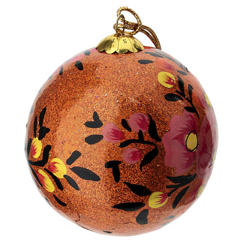 Orange glittery paper mache Christmas bauble 80 mm 2
