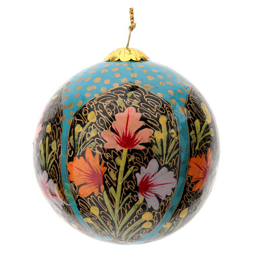 Papier-mâché Christmas tree ball, light blue with flowers, 3 in 1